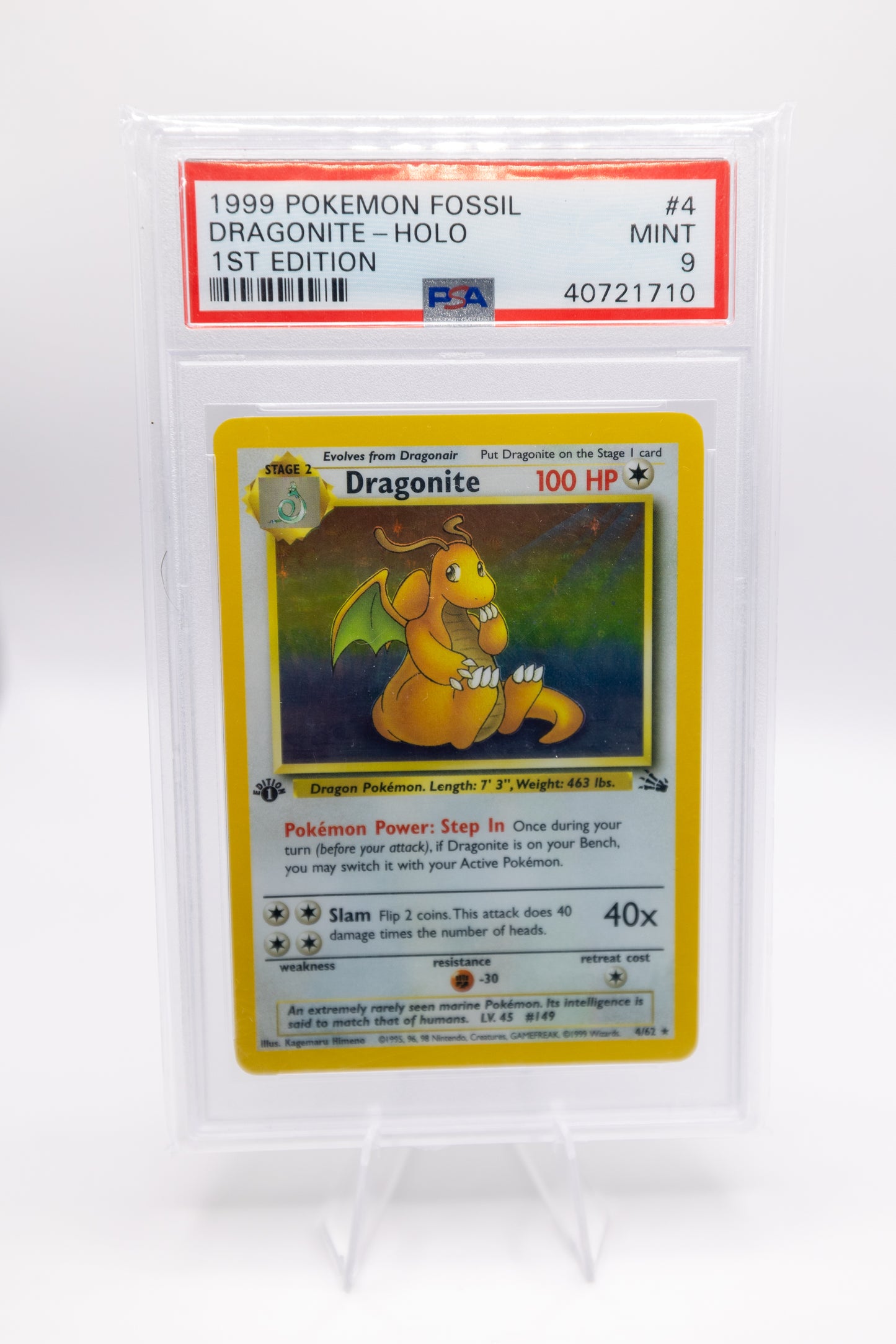 1999 Pokémon Fossil 1st Edition Dragonite Holo - PSA 9 (Mint Condition)